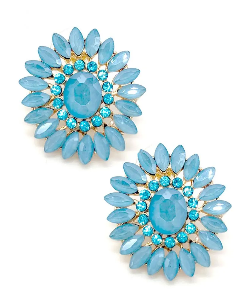PENDIENTES AZULES CORTOS PARA BODAS BONITO ROSETON EN CRISTAL
