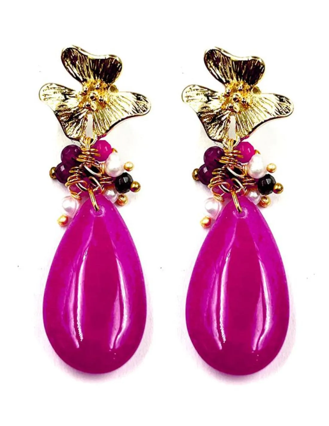 PENDIENTES DE PIEDRA LARGOS FUCSIAS Y FLOR DORADA