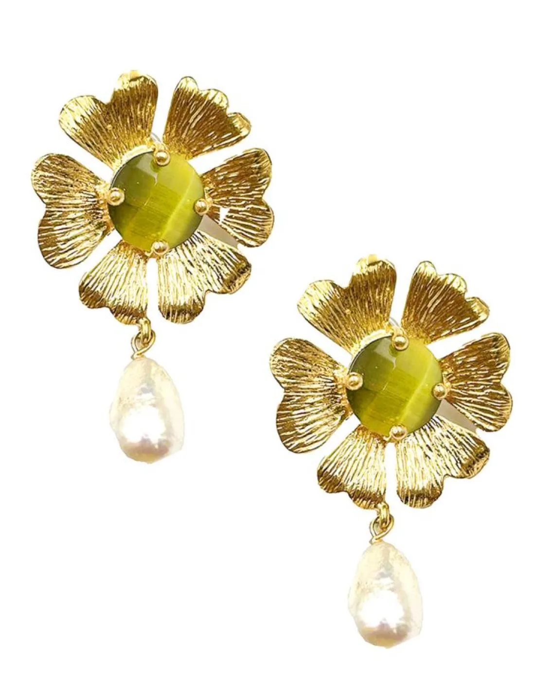 PENDIENTES DORADOS PARA BODAS CON PERLAS Y FLORES VERDE OLIVA