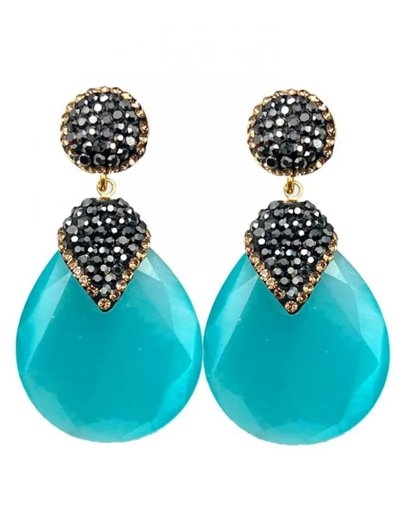 PENDIENTES LARGOS AZUL CIELO PARA BODAS CON CIRCONITAS NEGRAS Y DORADAS
