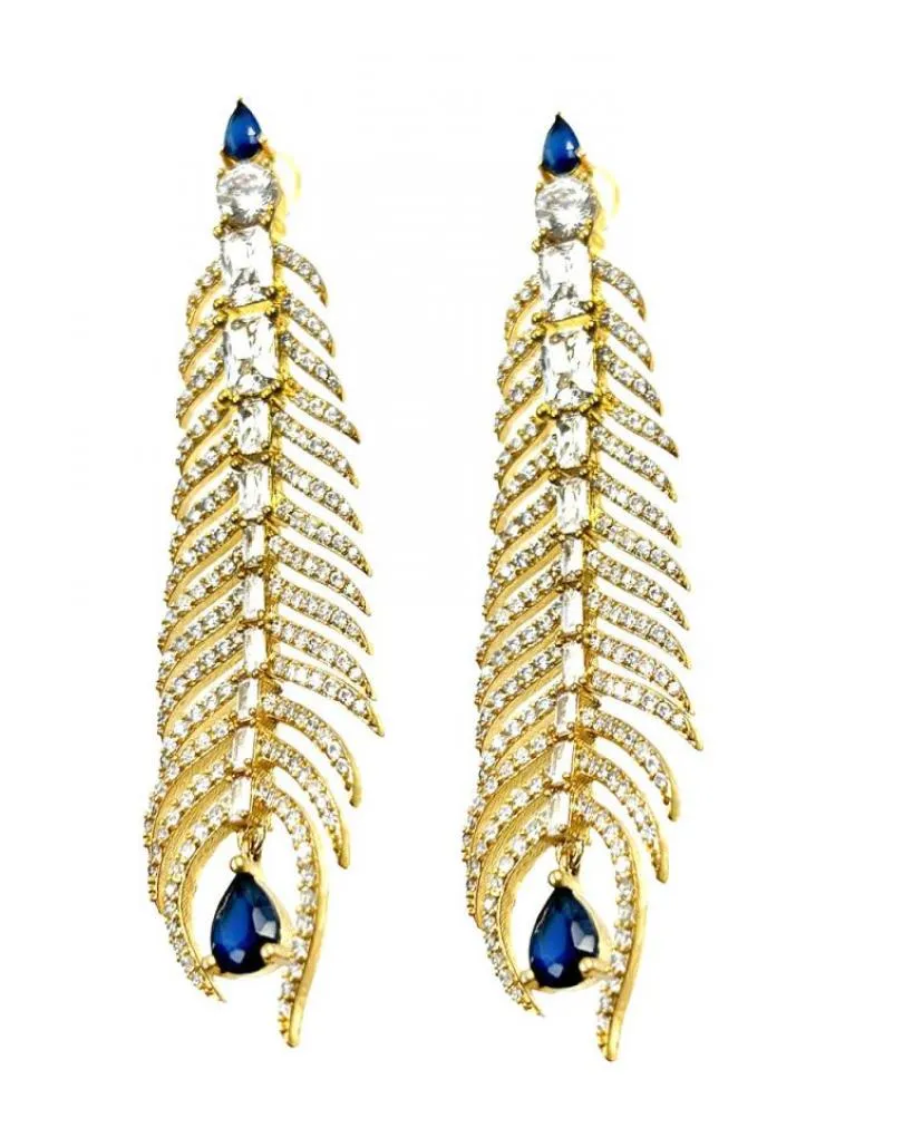 PENDIENTES LARGOS BODAS NOCHE CAUTIVADORA PLUMA CIRCONITAS Y MARINO