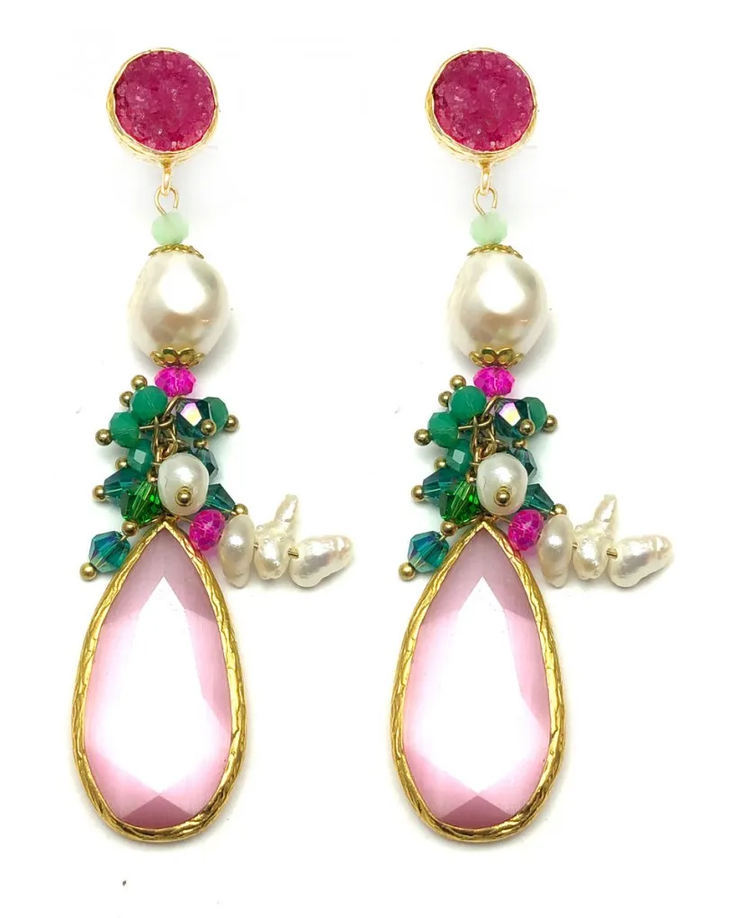 PENDIENTES LARGOS DE PIEDRAS SEMIPRECIOSAS Y PERLAS BARROCAS