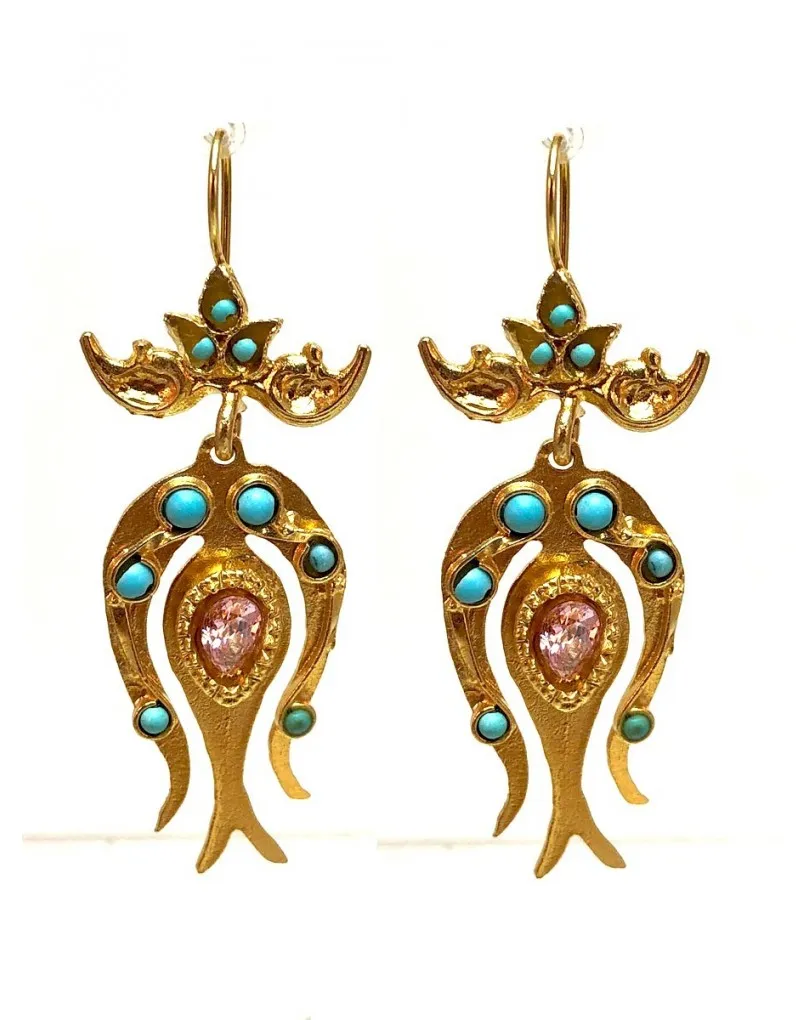PENDIENTES LARGOS DORADOS CON ADORNOS EN TURQUESA Y ROSA