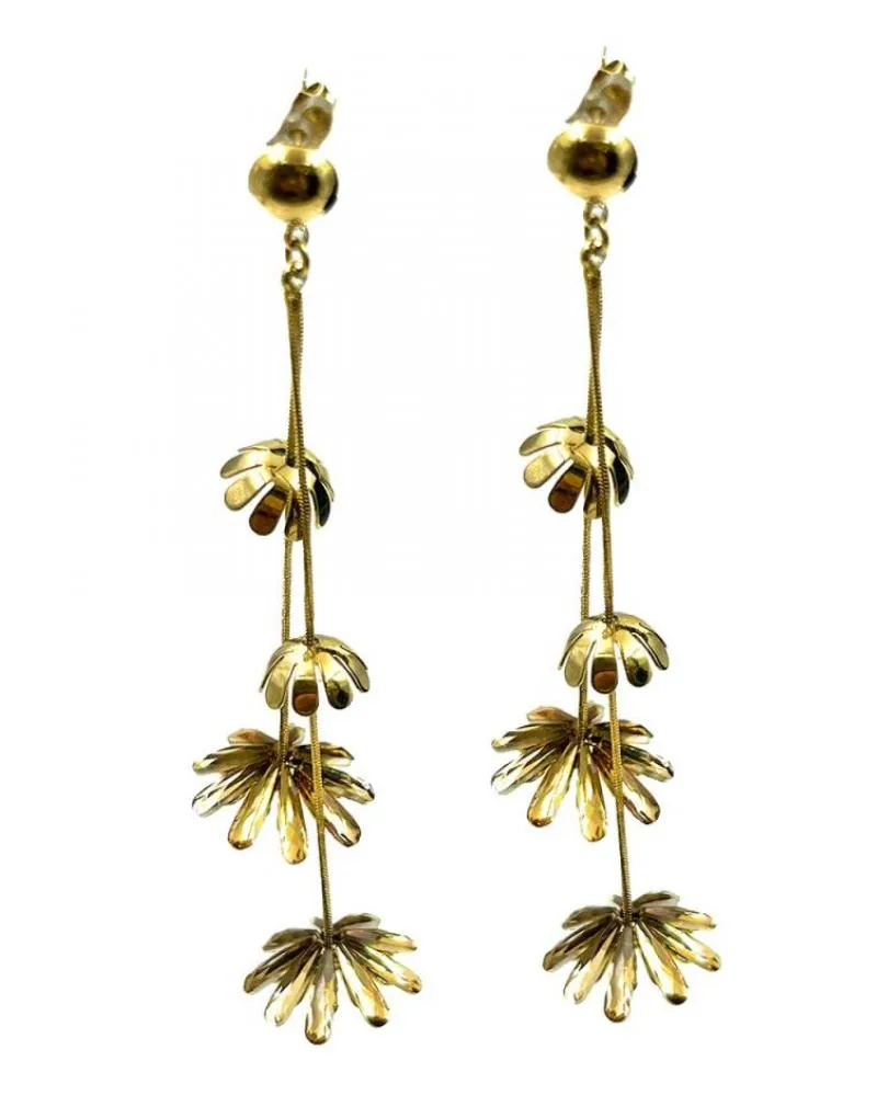 PENDIENTES LARGOS DORADOS DOBLE HILERA CON FLORECITAS PARA NOCHE Y FIESTA