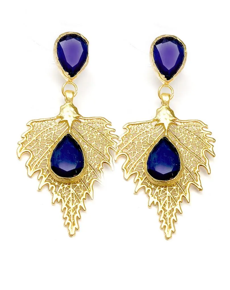 PENDIENTES LARGOS DORADOS Y AZULES TONO MARINO PARA BODAS