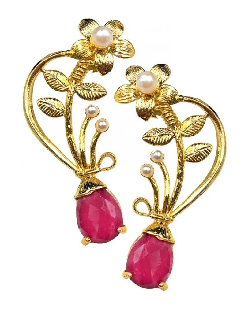 PENDIENTES LARGOS DORADOS Y BUGAMBILIAS CON PERLAS JOYAS ANTIGUAS