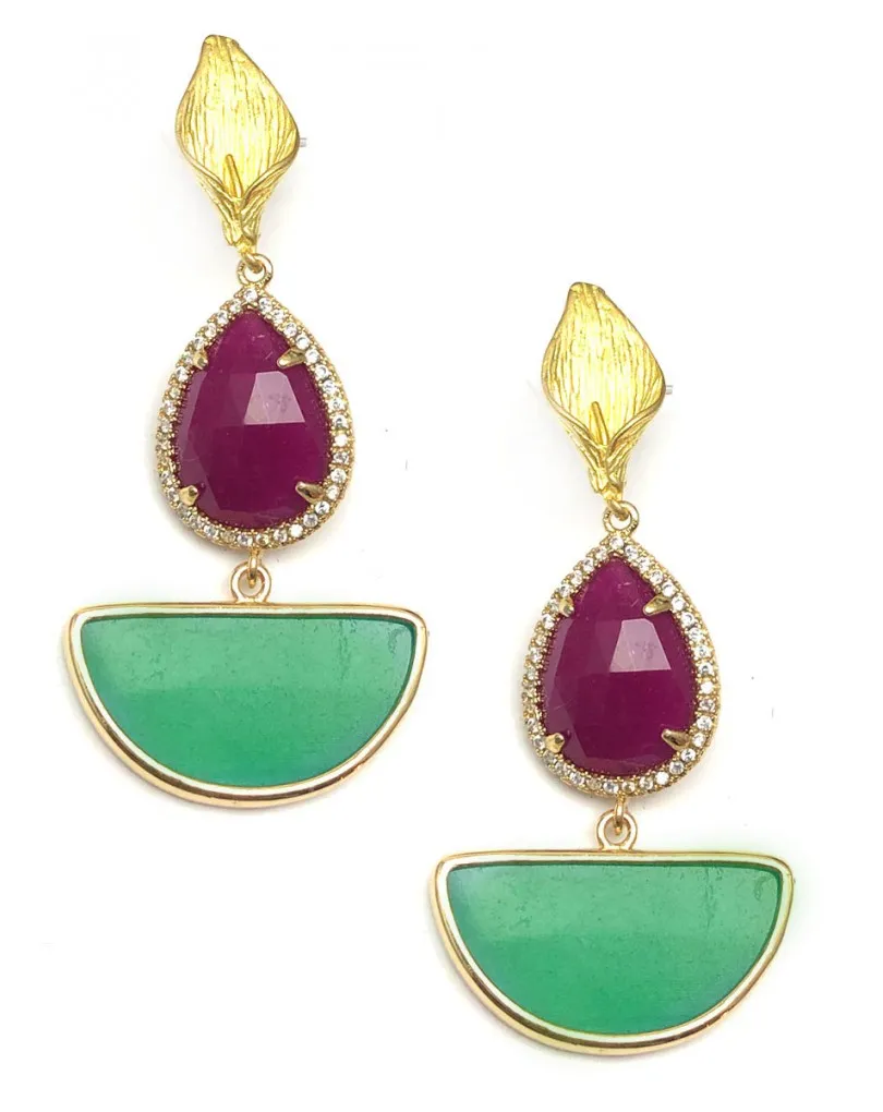 PENDIENTES LARGOS EN FUCSIA BUGAMBILIA Y VERDE ESMERALDA