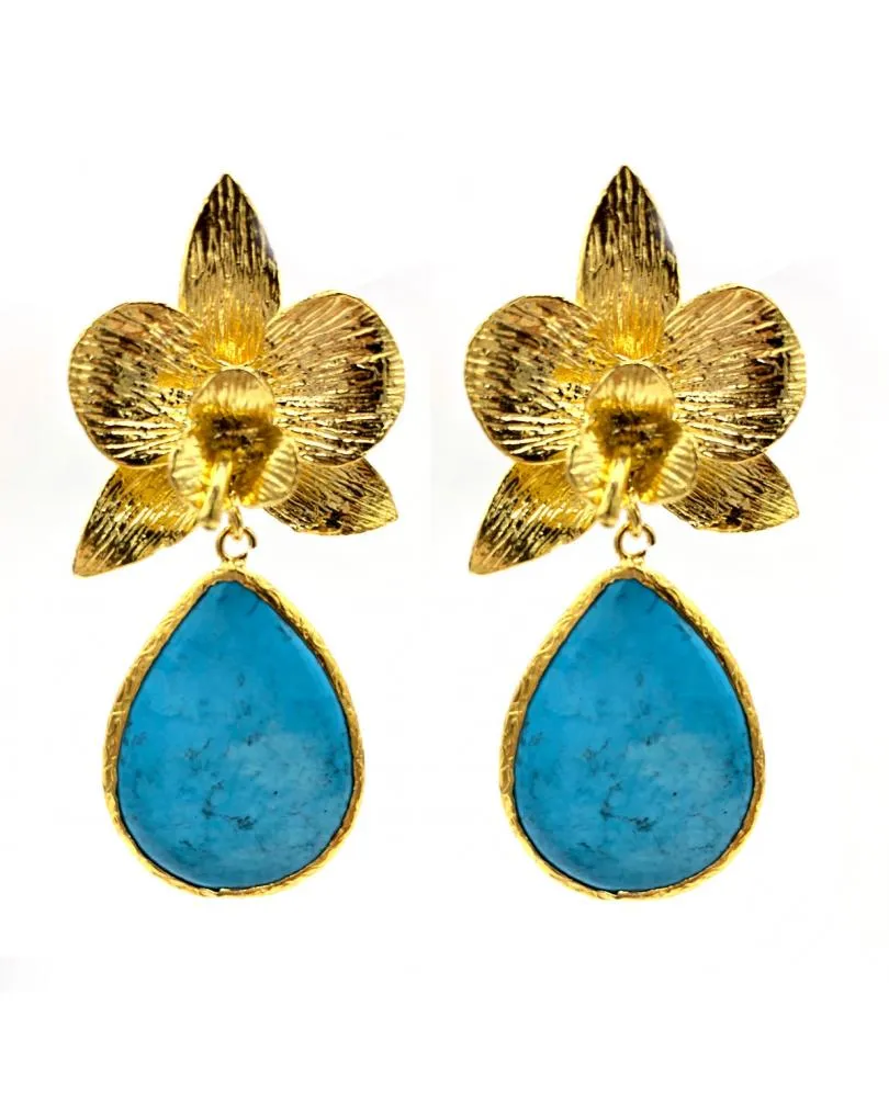 PENDIENTES LARGOS LÁGRIMA AZUL SOBRE FLOR TRIANGULAR PARA MUJER