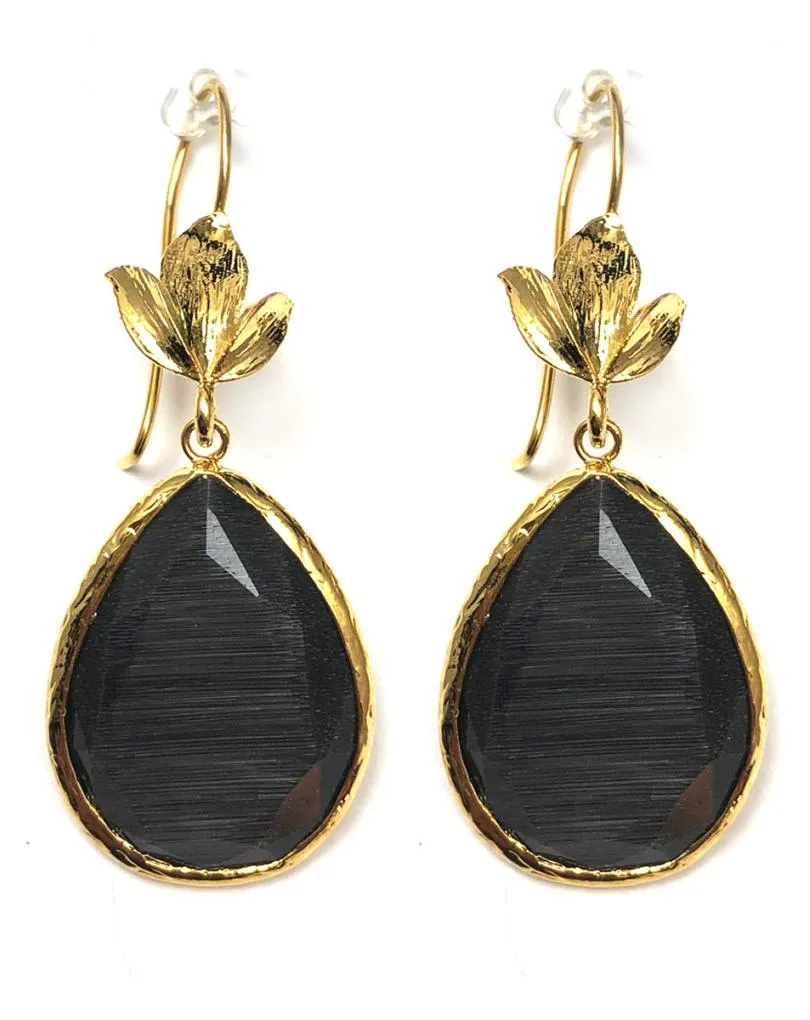 PENDIENTES LARGOS NEGROS CON PIEDRA FACETADA OJO DE GATO