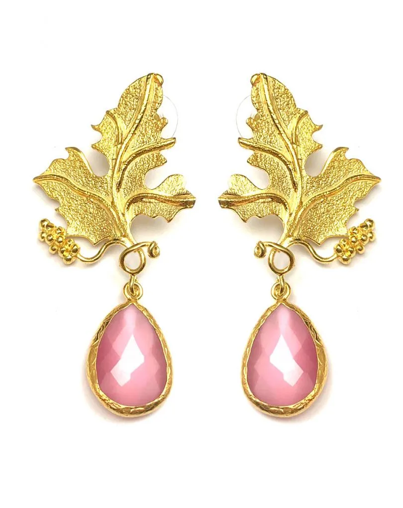 PENDIENTES LARGOS ORIGINALES PIEDRA NATURAL ROSA HOJA PARRA
