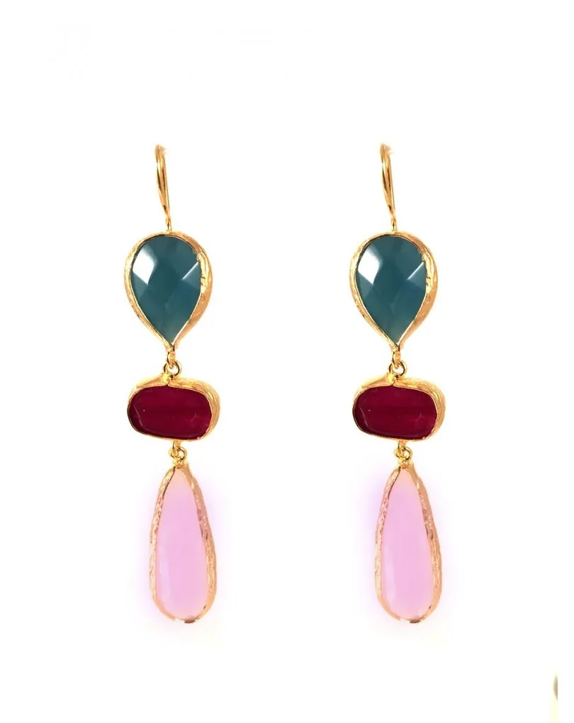 PENDIENTES LARGOS PIEDRAS NATURALES CON LAGRIMA EN ROSA