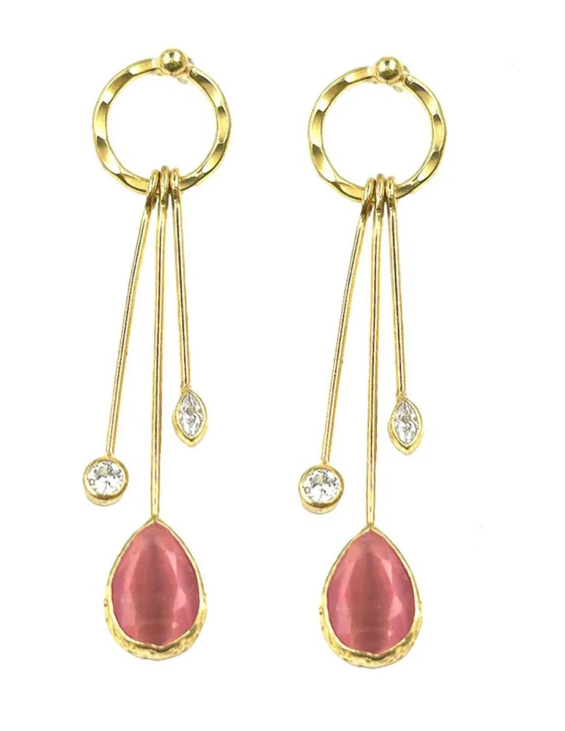 PENDIENTES MUJER LARGOS DORADOS CON PIEDRAS ROSAS Y CIRCONITAS