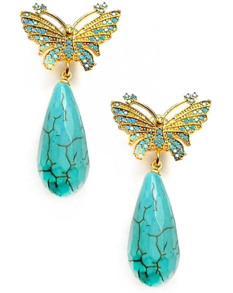 PENDIENTES TURQUESA LARGOS CON MARIPOSA DORADA