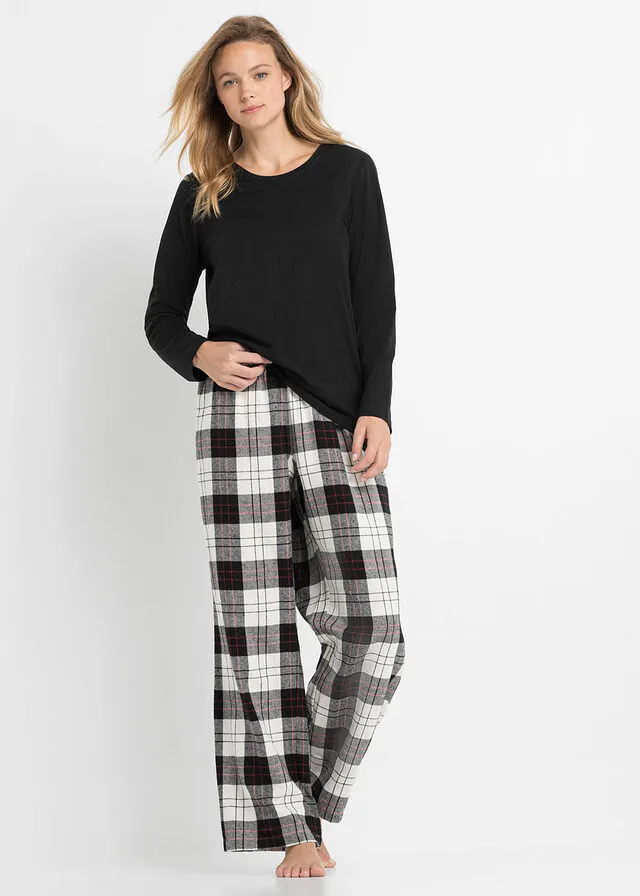 Pijama con pantalón de franela y bolsa de regalo Negro de cuadros