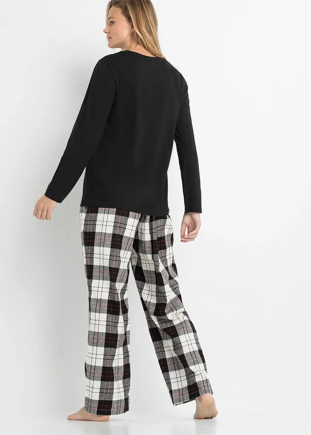 Pijama con pantalón de franela y bolsa de regalo Negro de cuadros