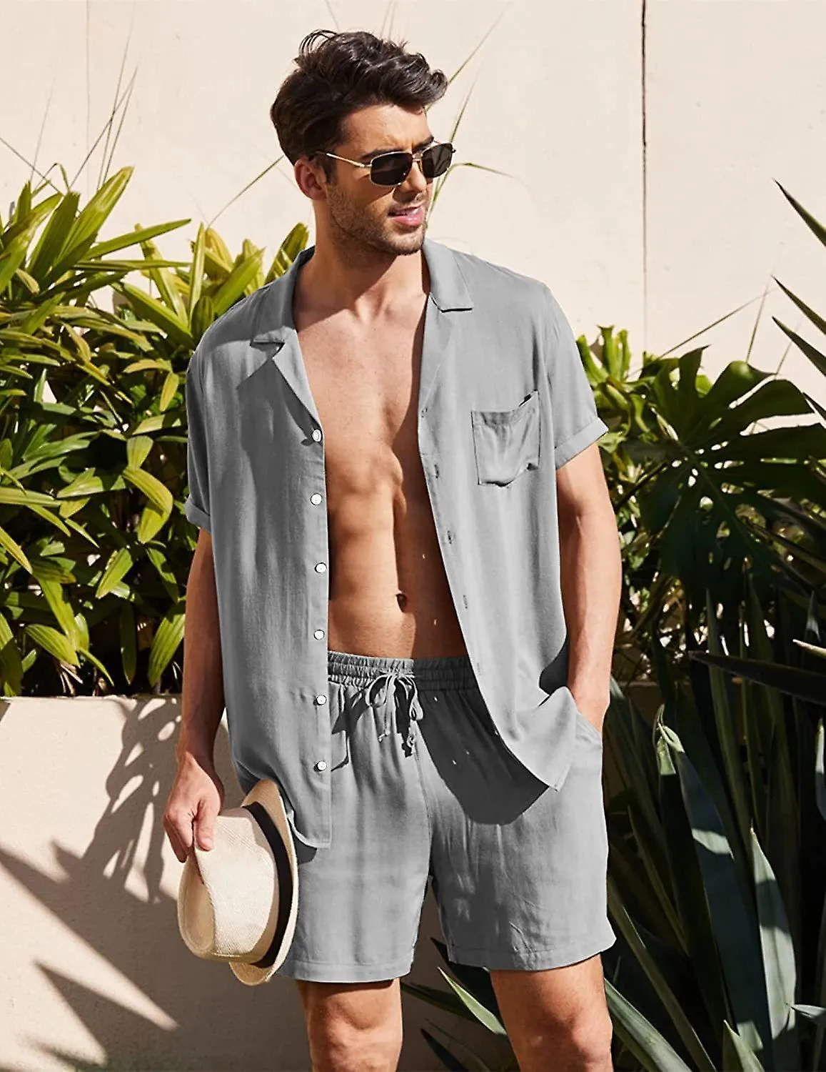 Pijama de lino de algodón de verano para hombres Conjunto de 2 piezas Cómoda manga corta de playa transpirable