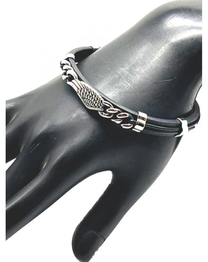 PULSERAS PARA HOMBRE NEGRAS CON ALA ENCADENADA EN ACERO