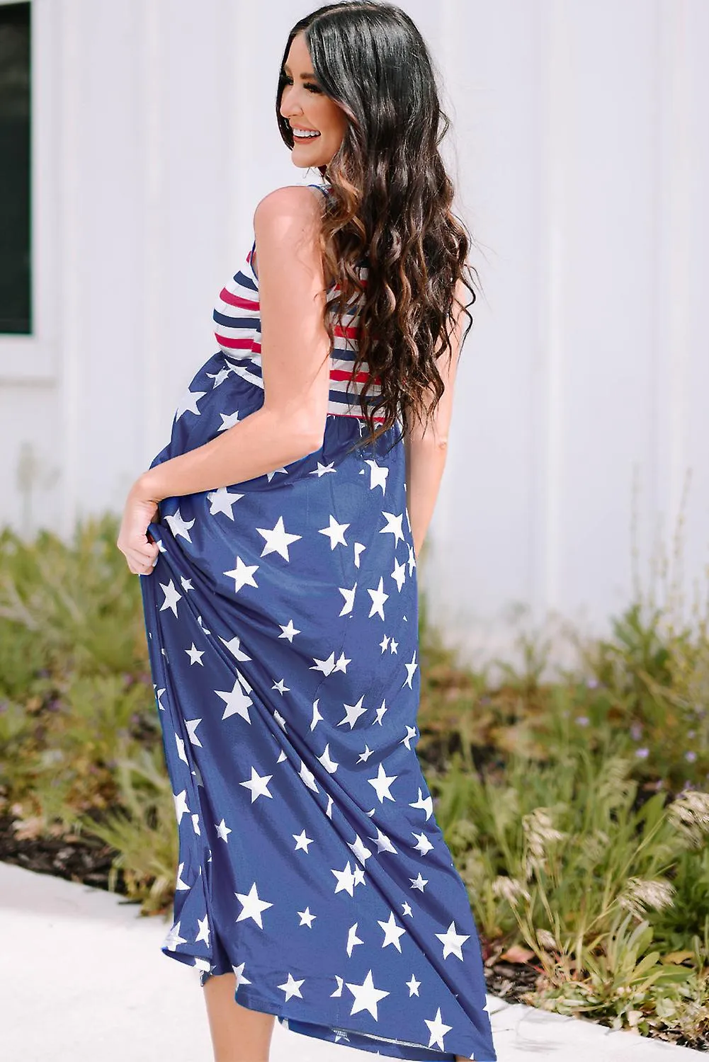 Rayas azules para mujer y estrellas maxi vestido sin mangas con bolsillos