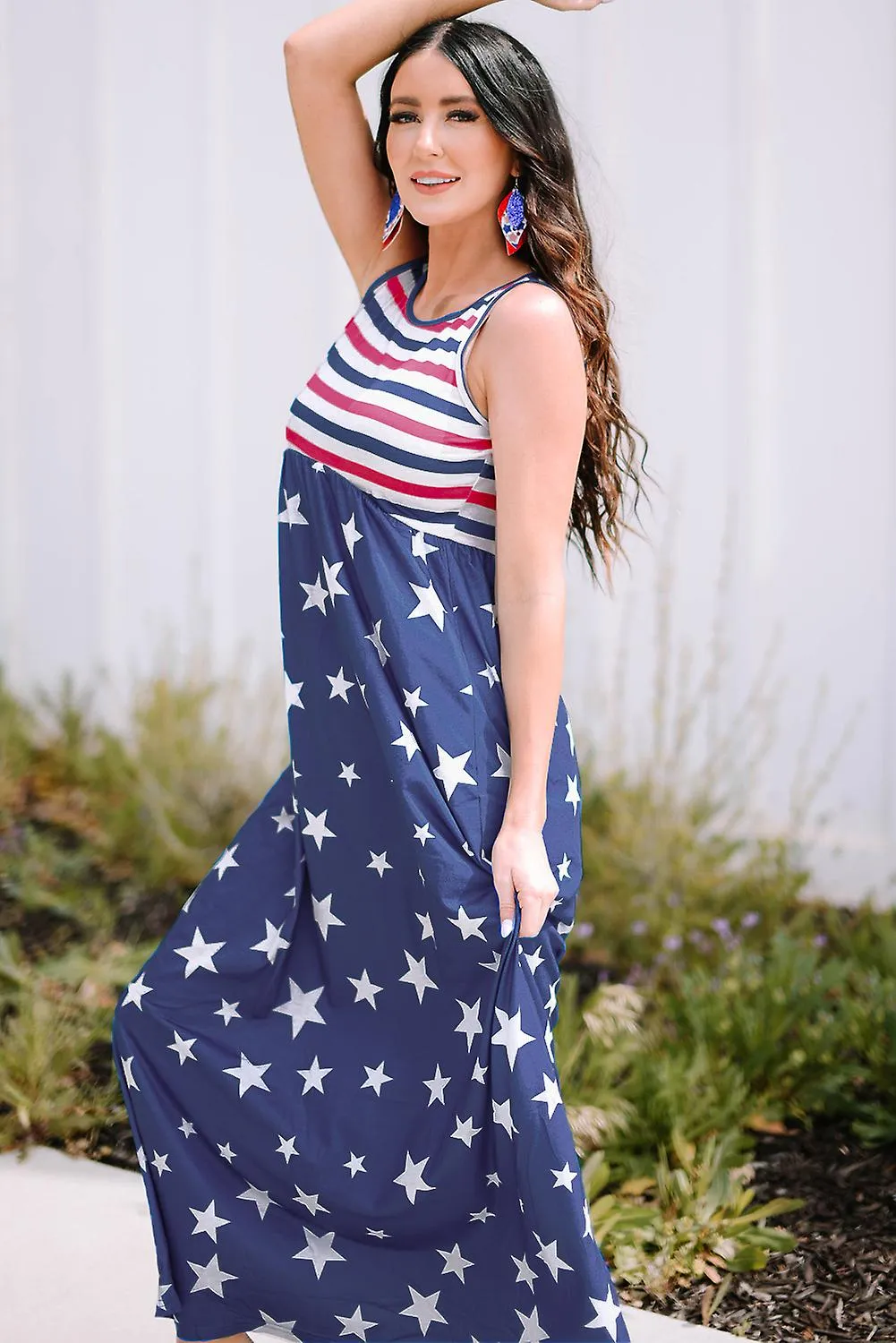 Rayas azules para mujer y estrellas maxi vestido sin mangas con bolsillos