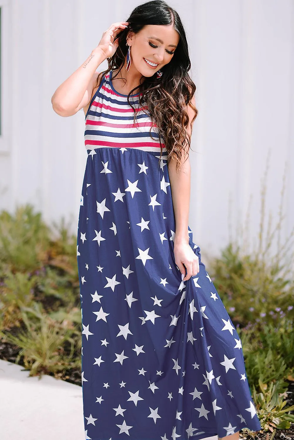 Rayas azules para mujer y estrellas maxi vestido sin mangas con bolsillos