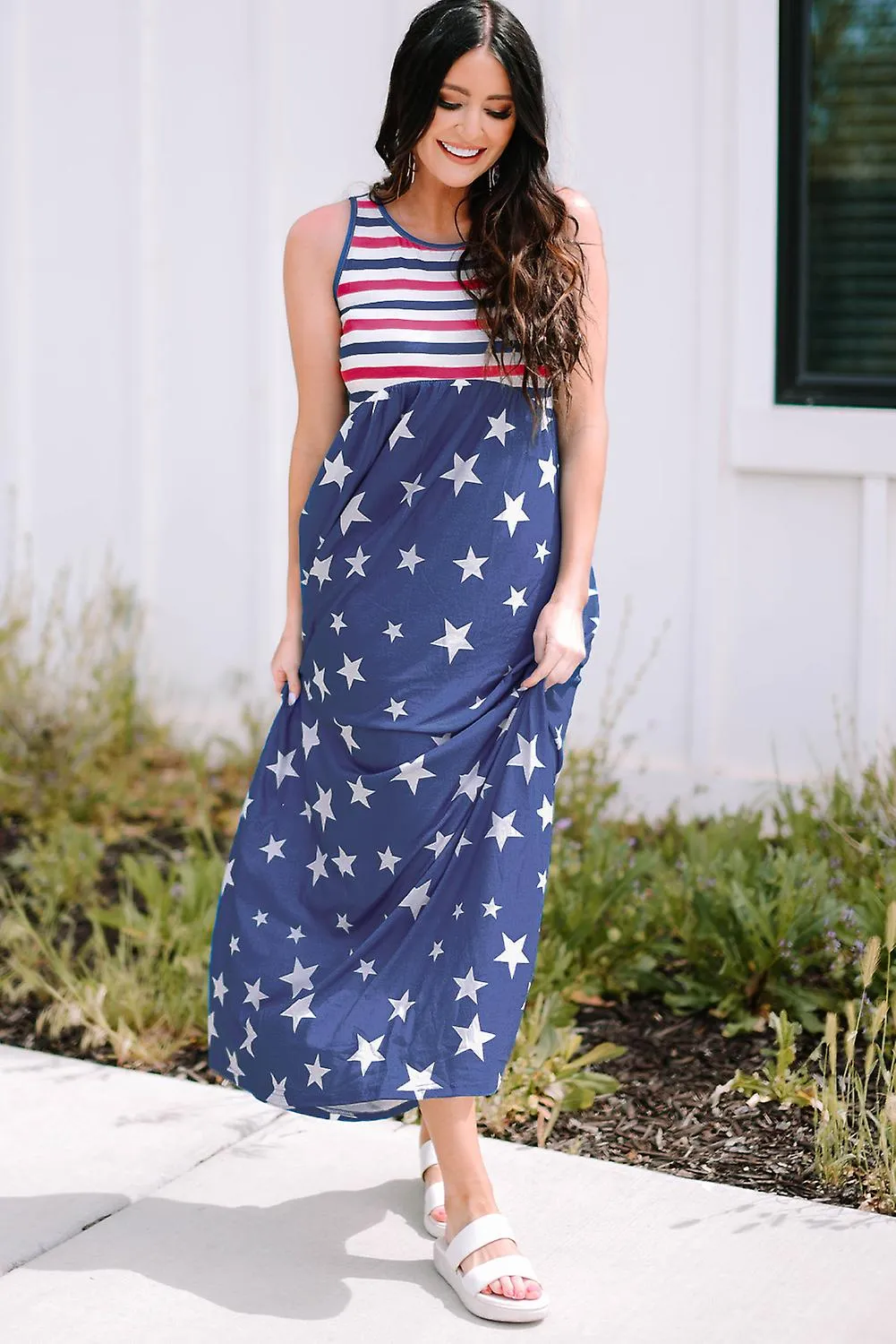 Rayas azules para mujer y estrellas maxi vestido sin mangas con bolsillos