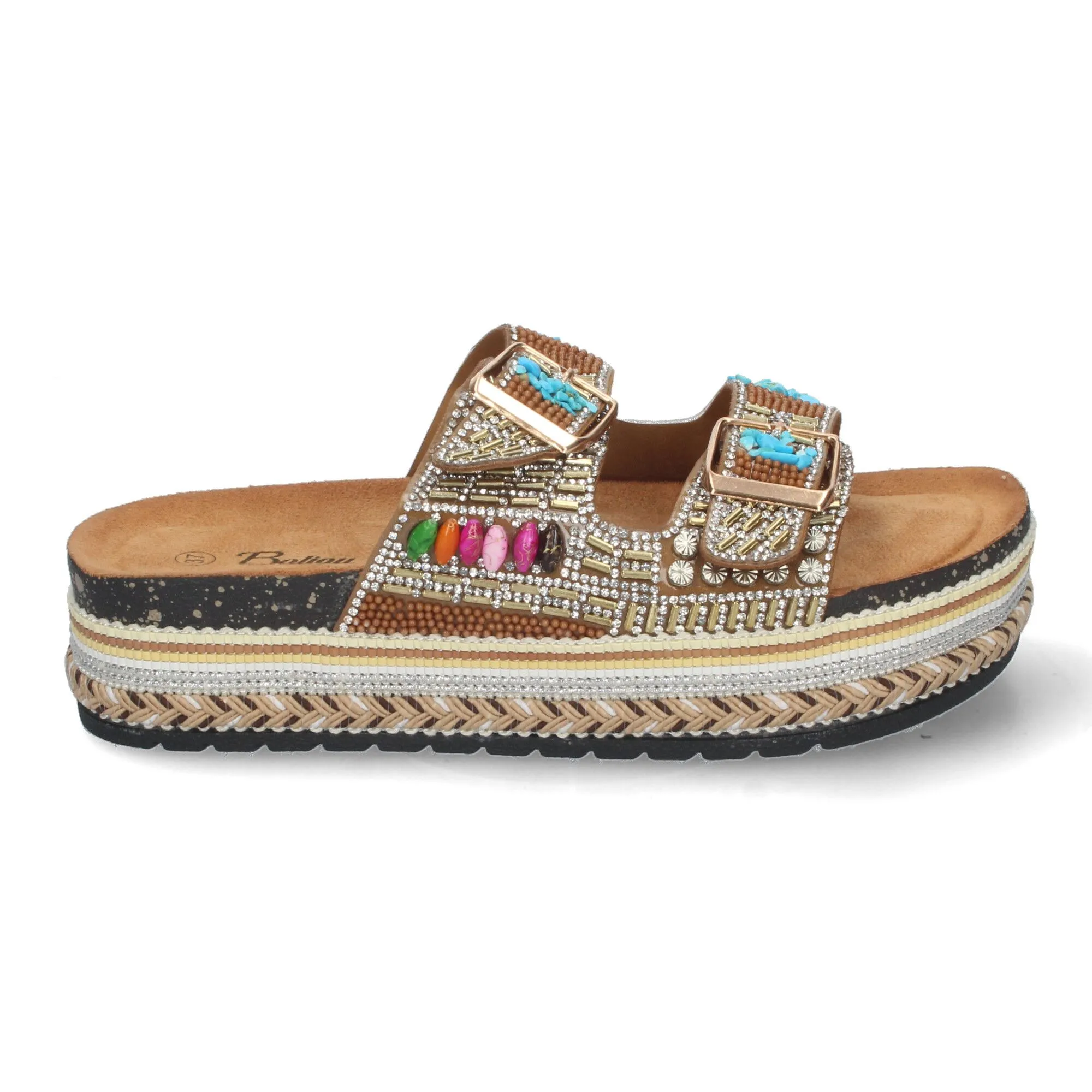 SANDALIAS PLANAS CóMODAS CON ADORNOS BIO PARA MUJER CAMEL ZD08
