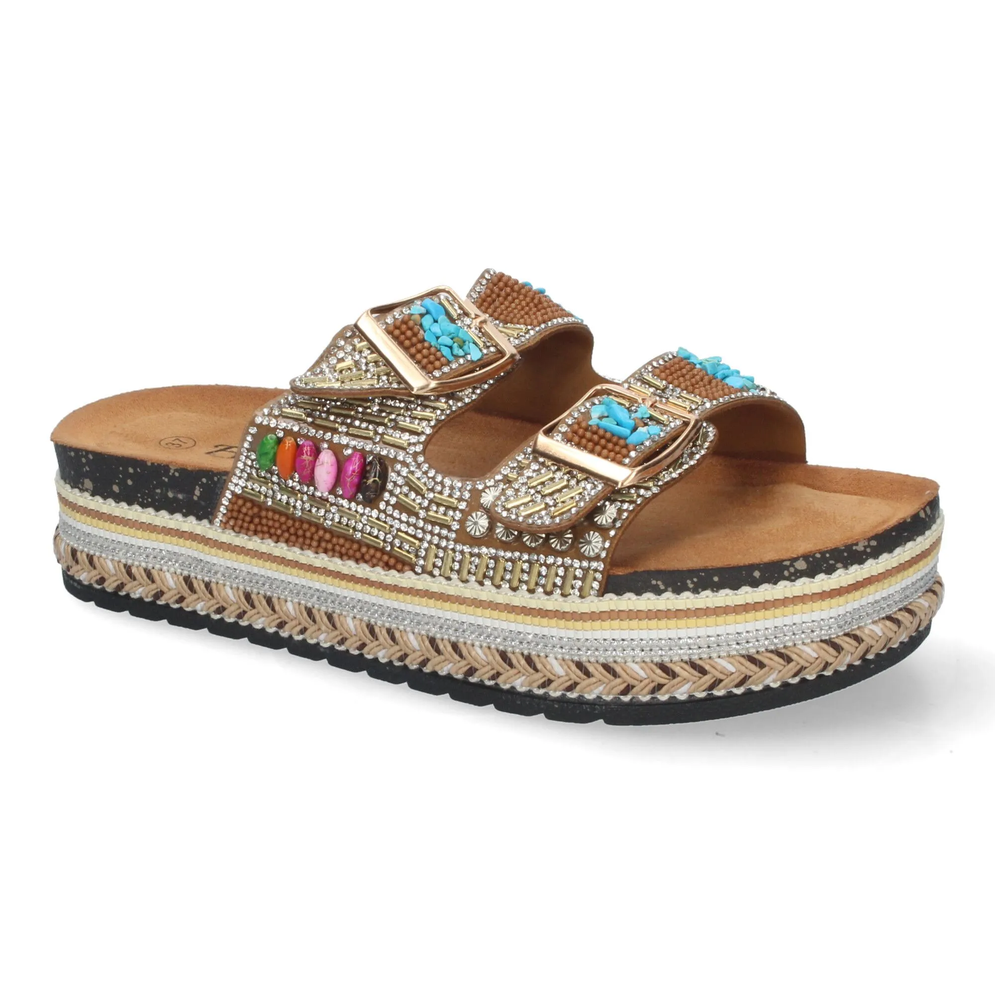 SANDALIAS PLANAS CóMODAS CON ADORNOS BIO PARA MUJER CAMEL ZD08