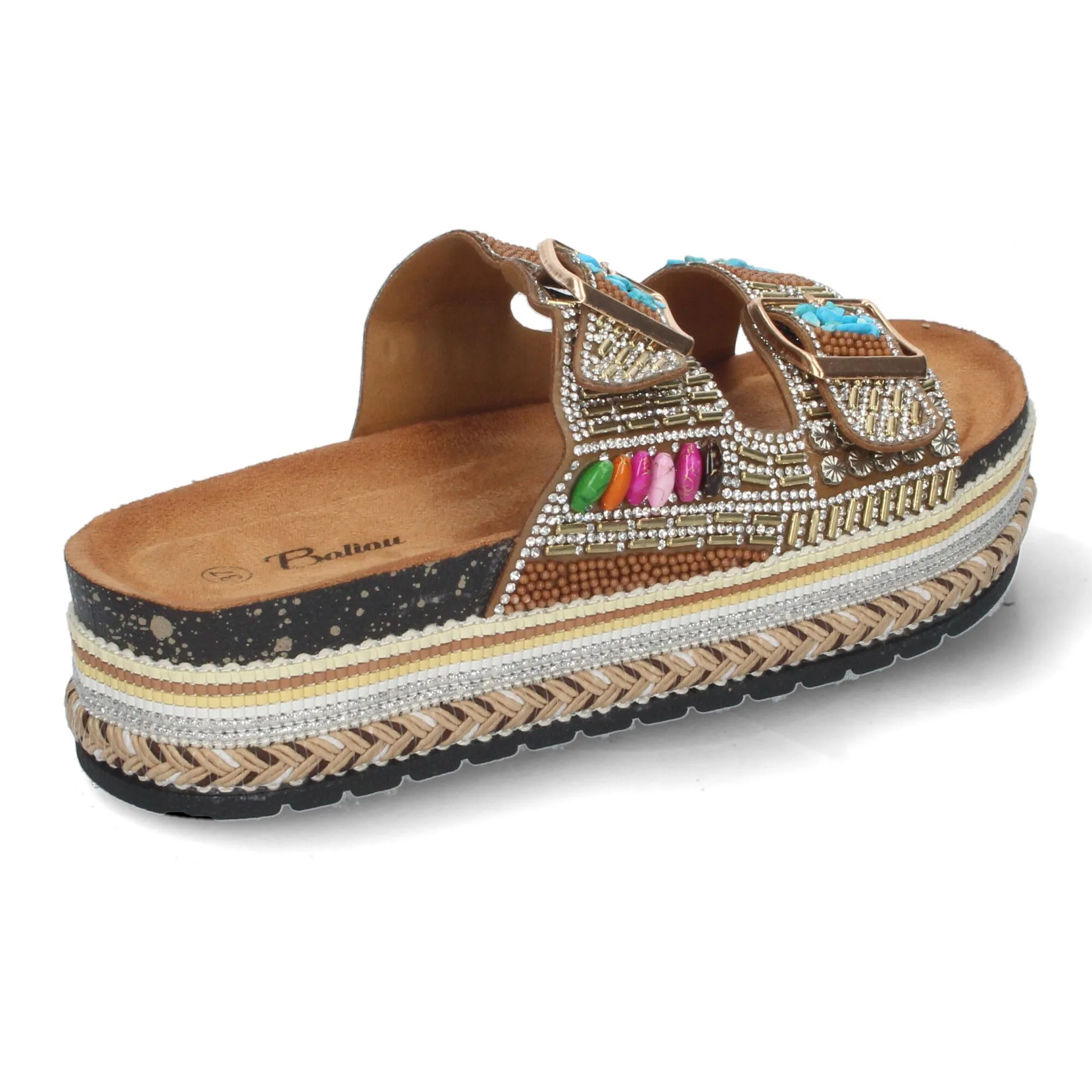 SANDALIAS PLANAS CóMODAS CON ADORNOS BIO PARA MUJER CAMEL ZD08