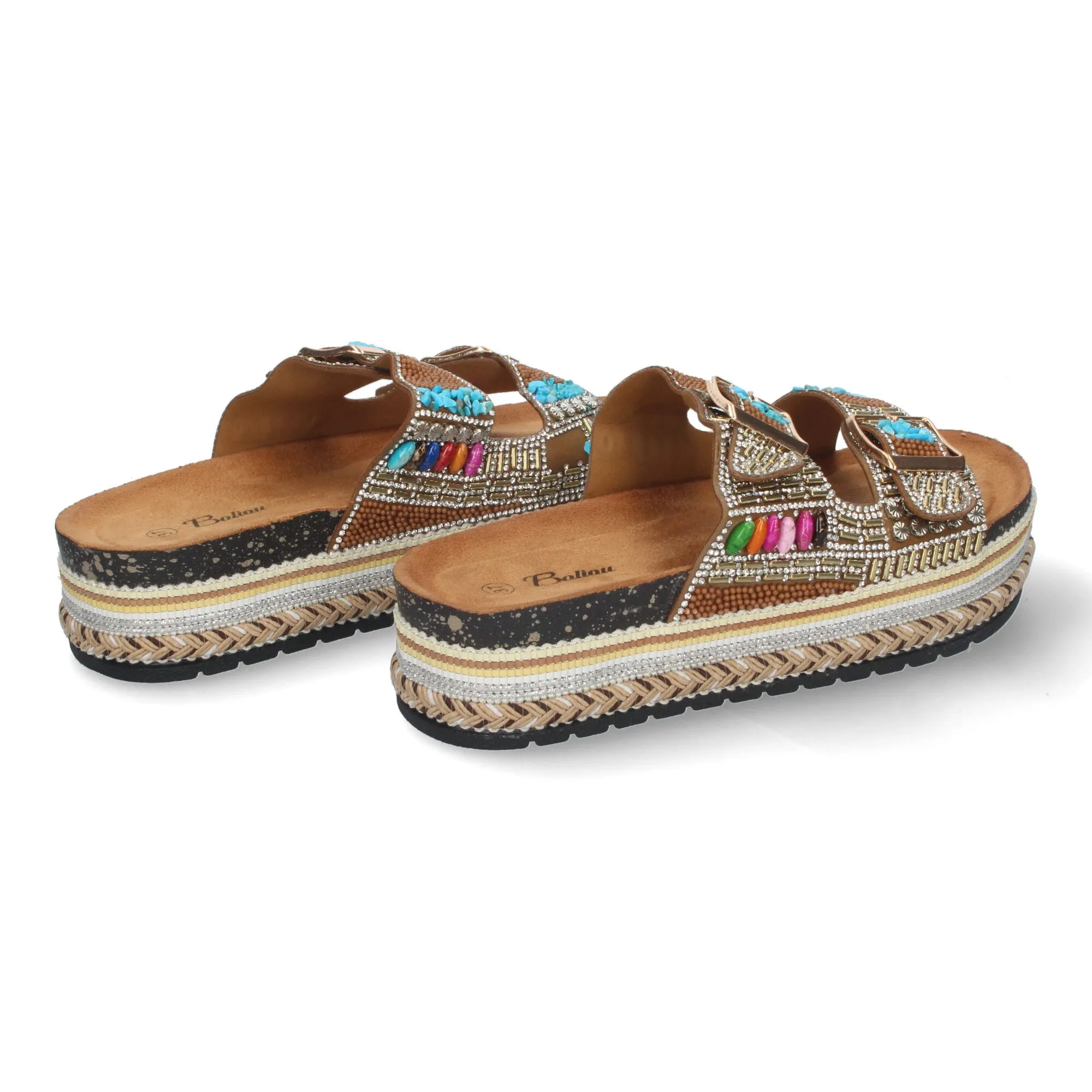 SANDALIAS PLANAS CóMODAS CON ADORNOS BIO PARA MUJER CAMEL ZD08