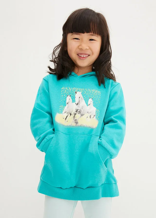 Sudadera de algodón orgánico con capucha para niñas Verde océano