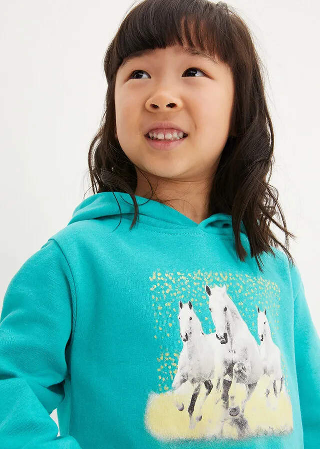 Sudadera de algodón orgánico con capucha para niñas Verde océano