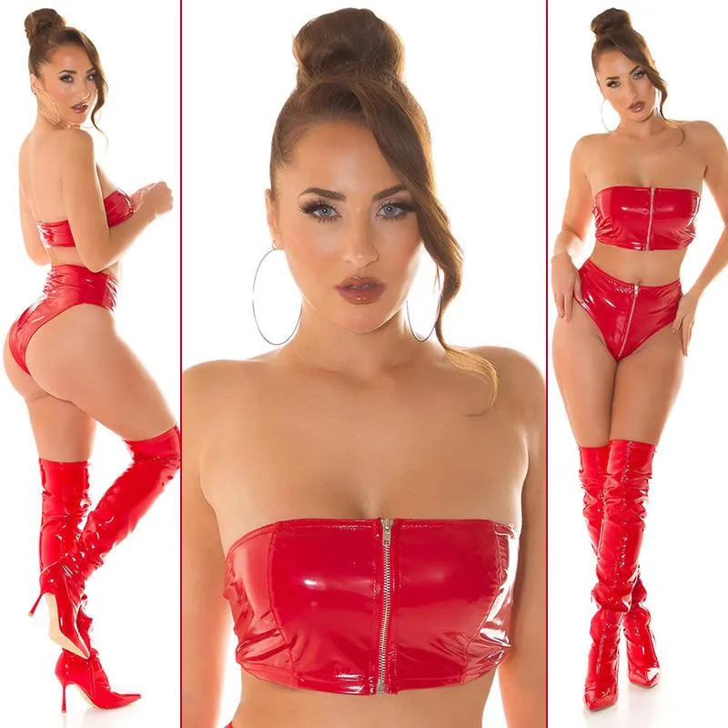 Top crop bandeau efecto latex rojo