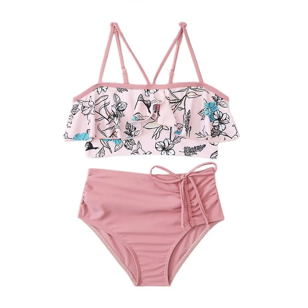 Traje de baño de 2 piezas con bikini dividido para mujer, cordón de cintura alta, borde con volantes y traje de baño de cuerda, 