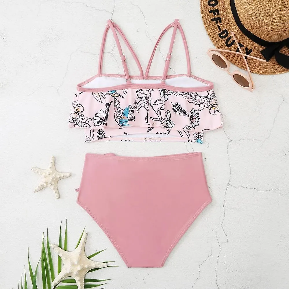 Traje de baño de 2 piezas con bikini dividido para mujer, cordón de cintura alta, borde con volantes y traje de baño de cuerda, 