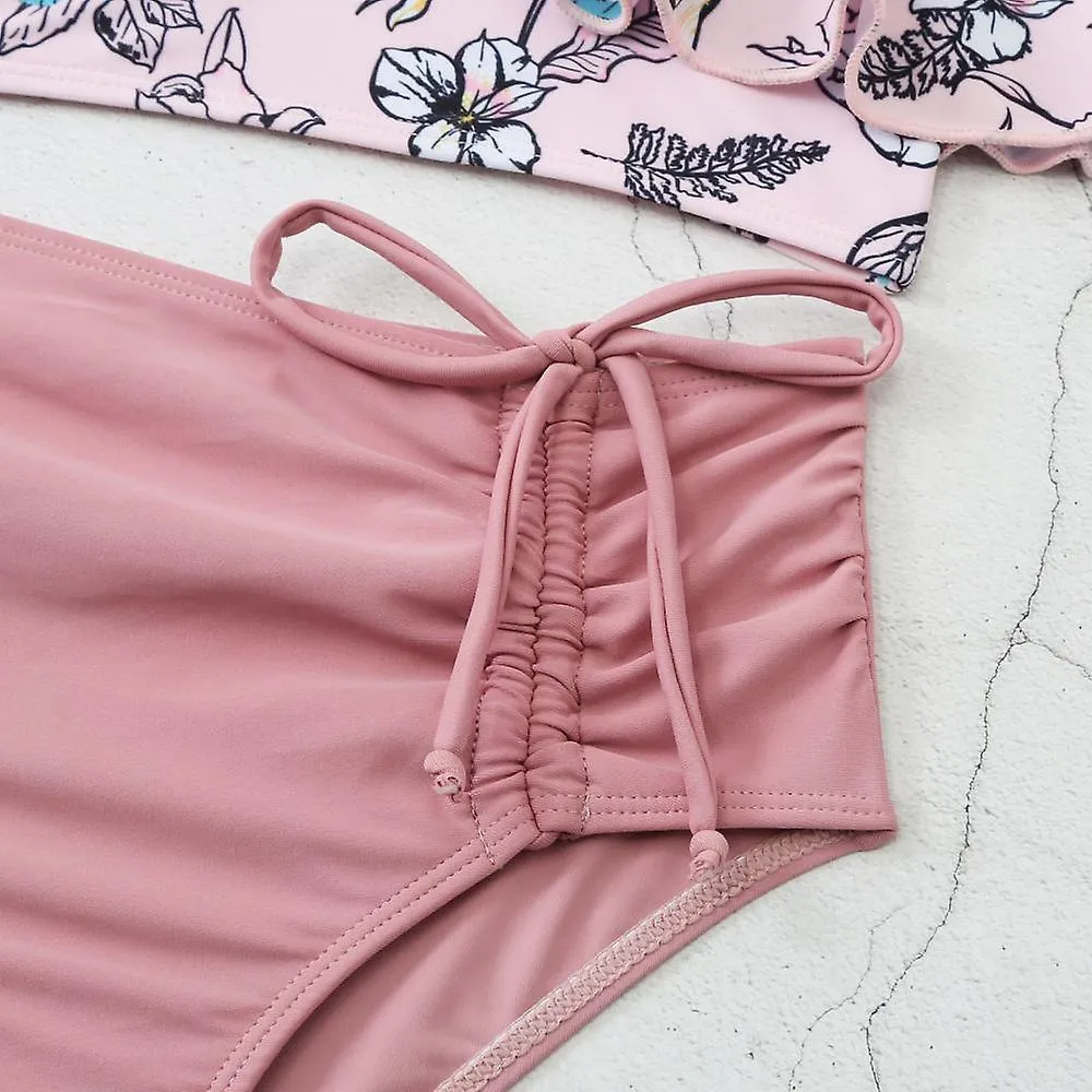 Traje de baño de 2 piezas con bikini dividido para mujer, cordón de cintura alta, borde con volantes y traje de baño de cuerda, 