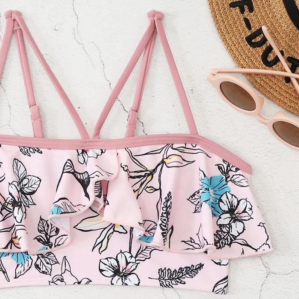 Traje de baño de 2 piezas con bikini dividido para mujer, cordón de cintura alta, borde con volantes y traje de baño de cuerda, 