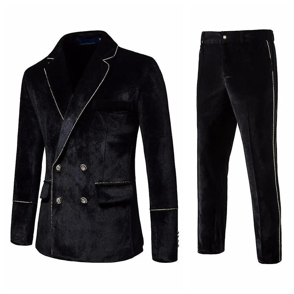 Traje de vestir cruzado de 2 piezas de terciopelo dorado con ribete dorado para hombre Business Casual Slim Fit Blazer versátil 