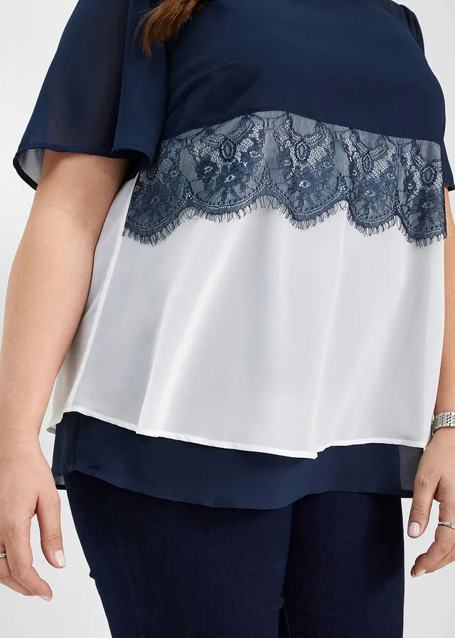 TúNICA CON ENCAJE AZUL OSCUROBLANCO
