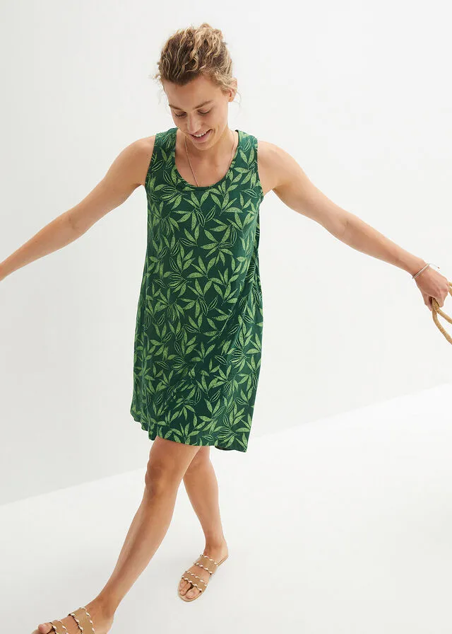 Vestido de algodón de estilo túnica Verde oscuro/verde apio estampado