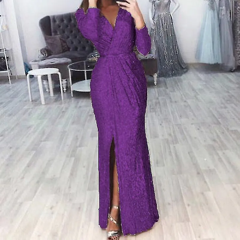 Vestido de lentejuelas de cuello en V profundo para mujeres con hendidura de manga larga club party evening Dress para mujer dam