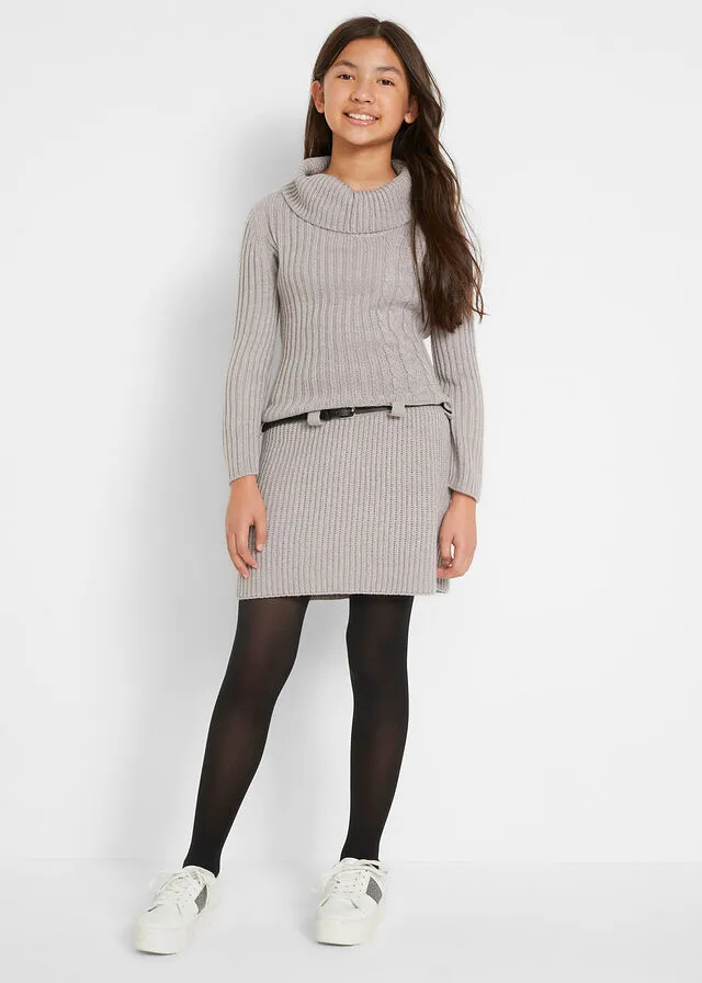 Vestido de punto con cinturón para niñas (2 piezas) Gris claro jaspeado
