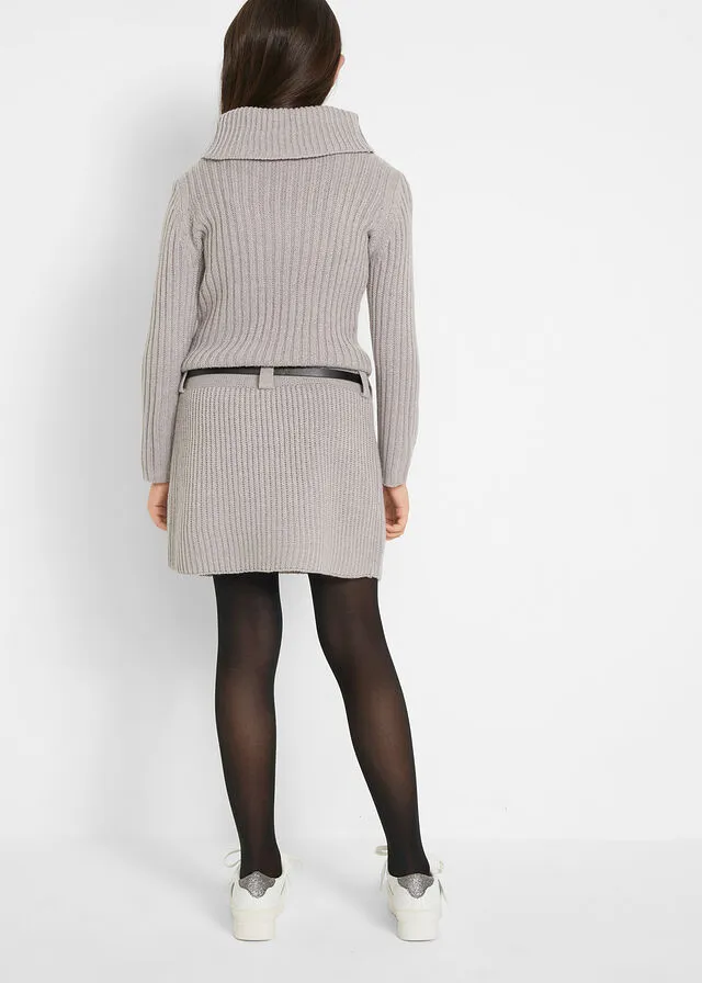 Vestido de punto con cinturón para niñas (2 piezas) Gris claro jaspeado