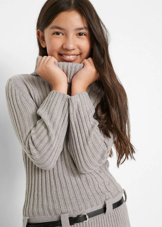 Vestido de punto con cinturón para niñas (2 piezas) Gris claro jaspeado