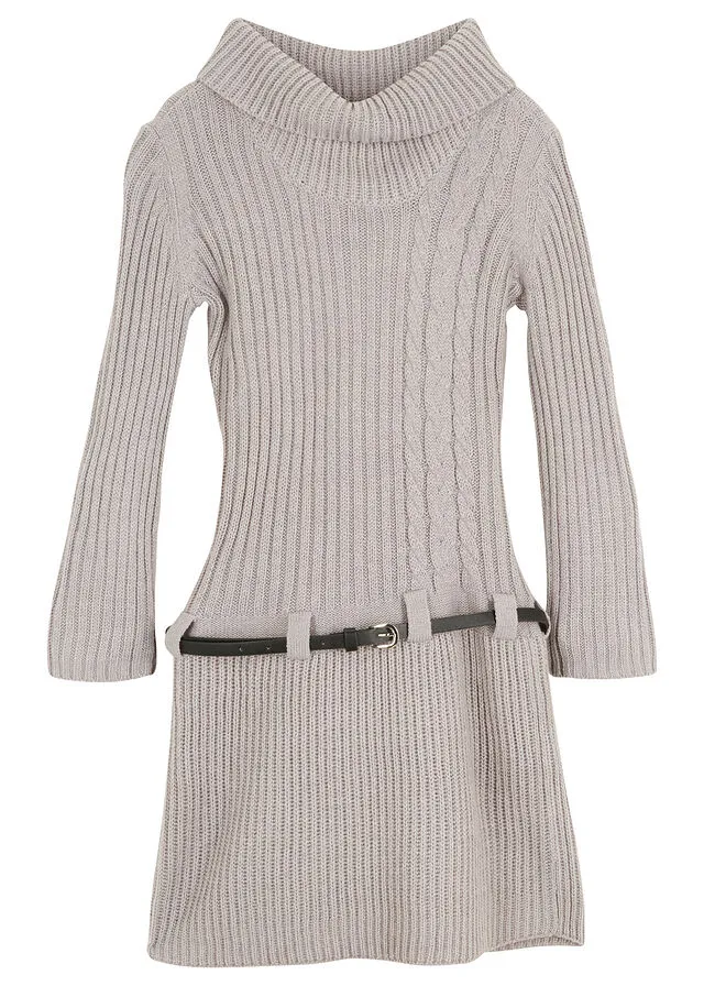 Vestido de punto con cinturón para niñas (2 piezas) Gris claro jaspeado