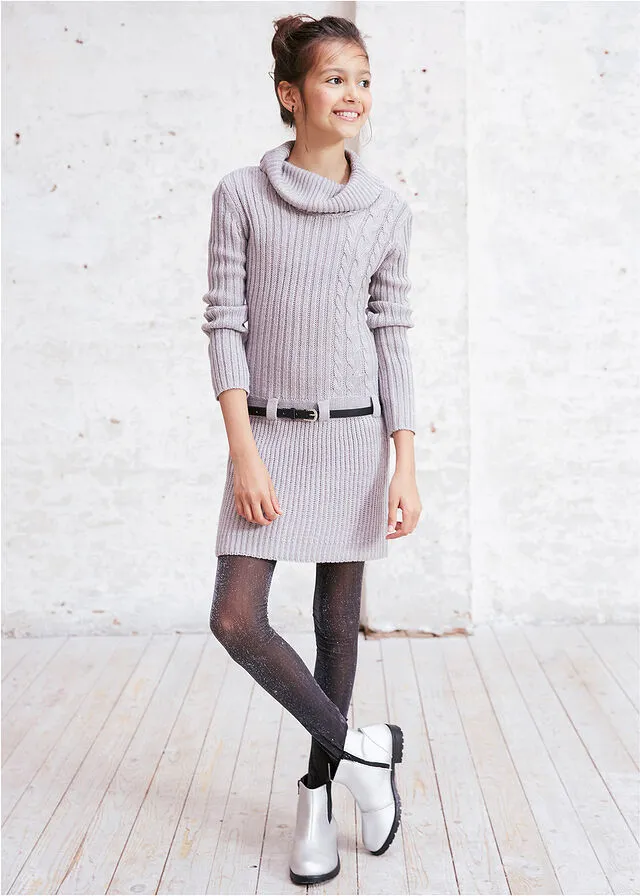 Vestido de punto con cinturón para niñas (2 piezas) Gris claro jaspeado