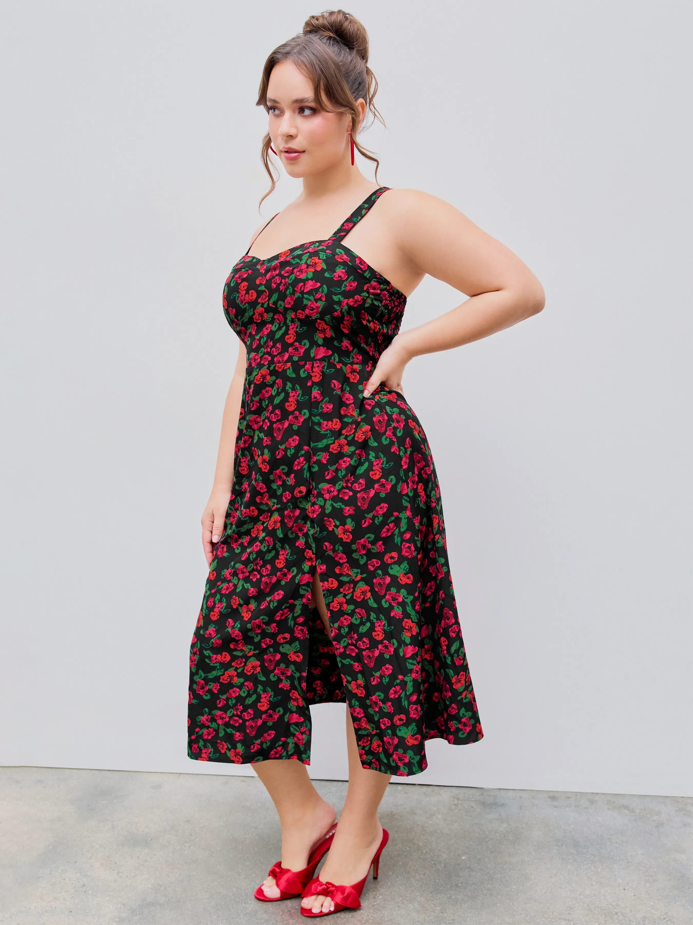  Vestido Midi Floral con Abertura Curvy