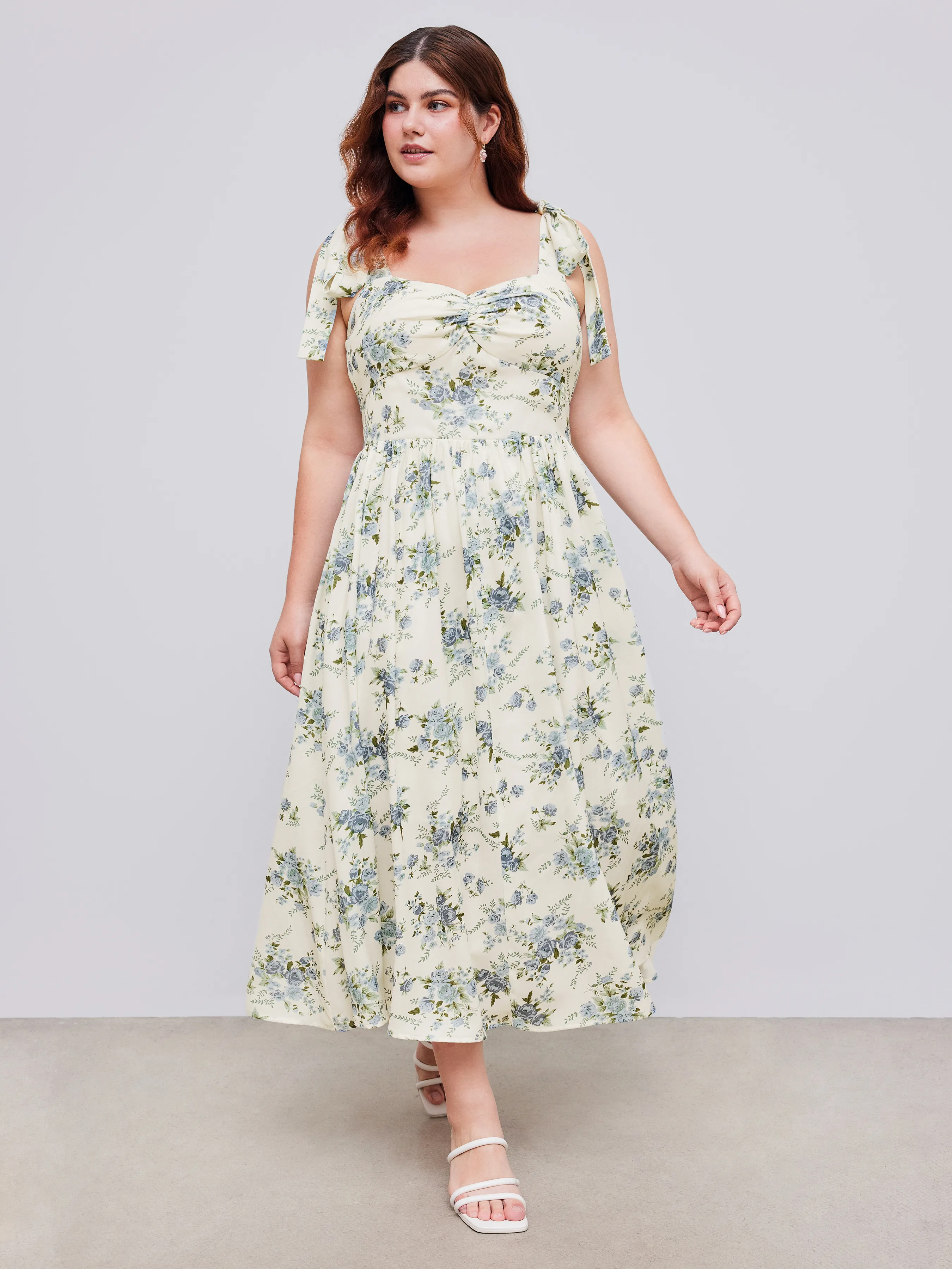 Vestido Midi Tejido con Nudo y Volante en el Dobladillo de Flores para Curvy