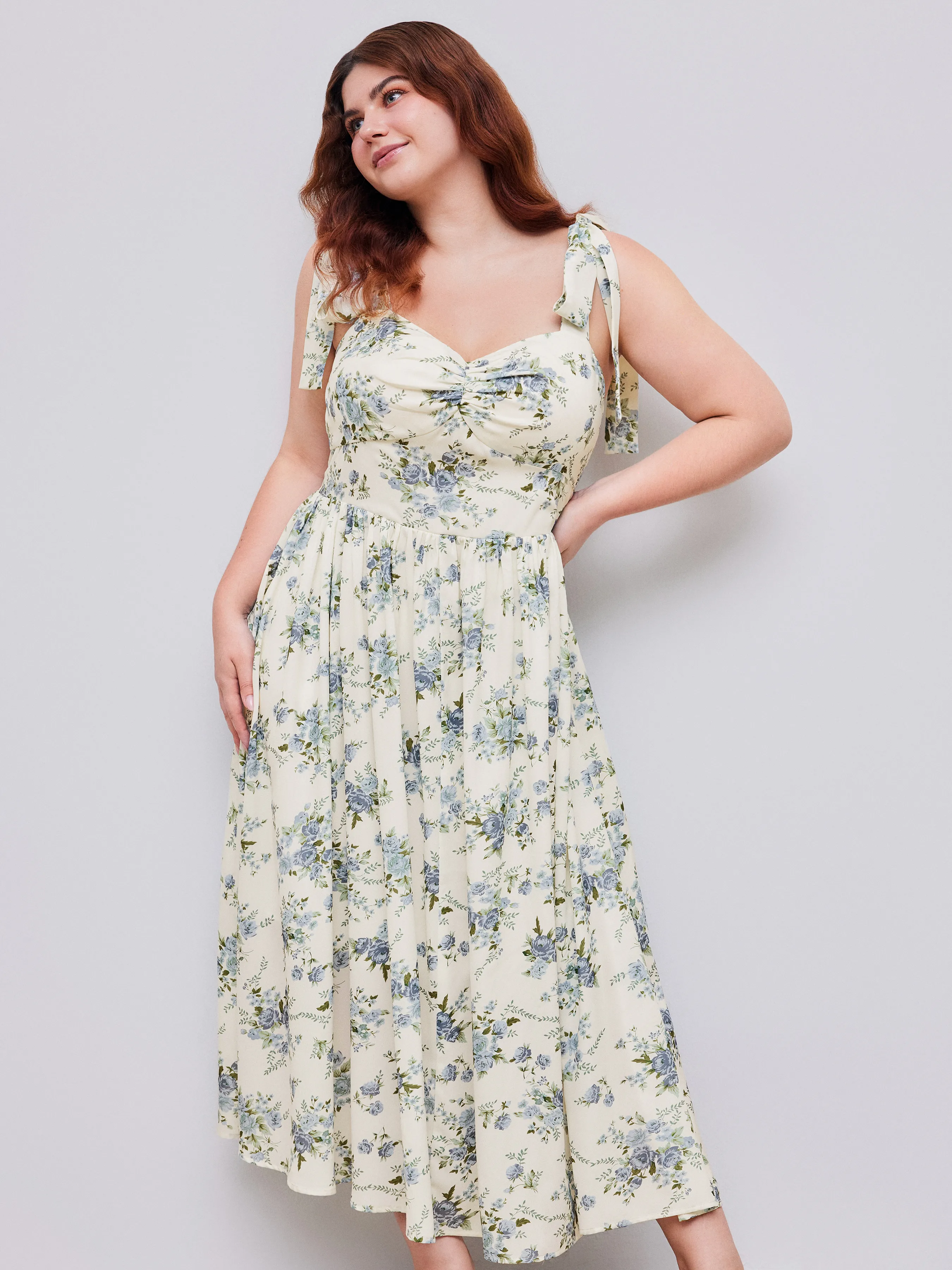 Vestido Midi Tejido con Nudo y Volante en el Dobladillo de Flores para Curvy