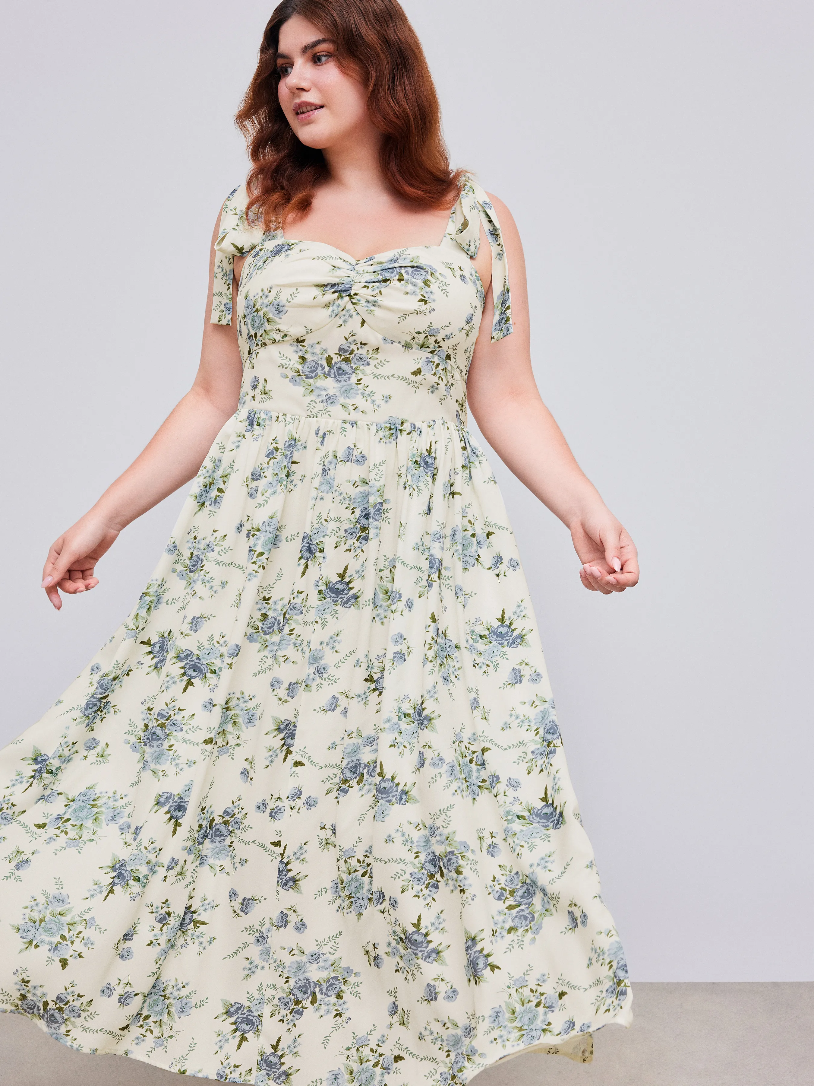 Vestido Midi Tejido con Nudo y Volante en el Dobladillo de Flores para Curvy