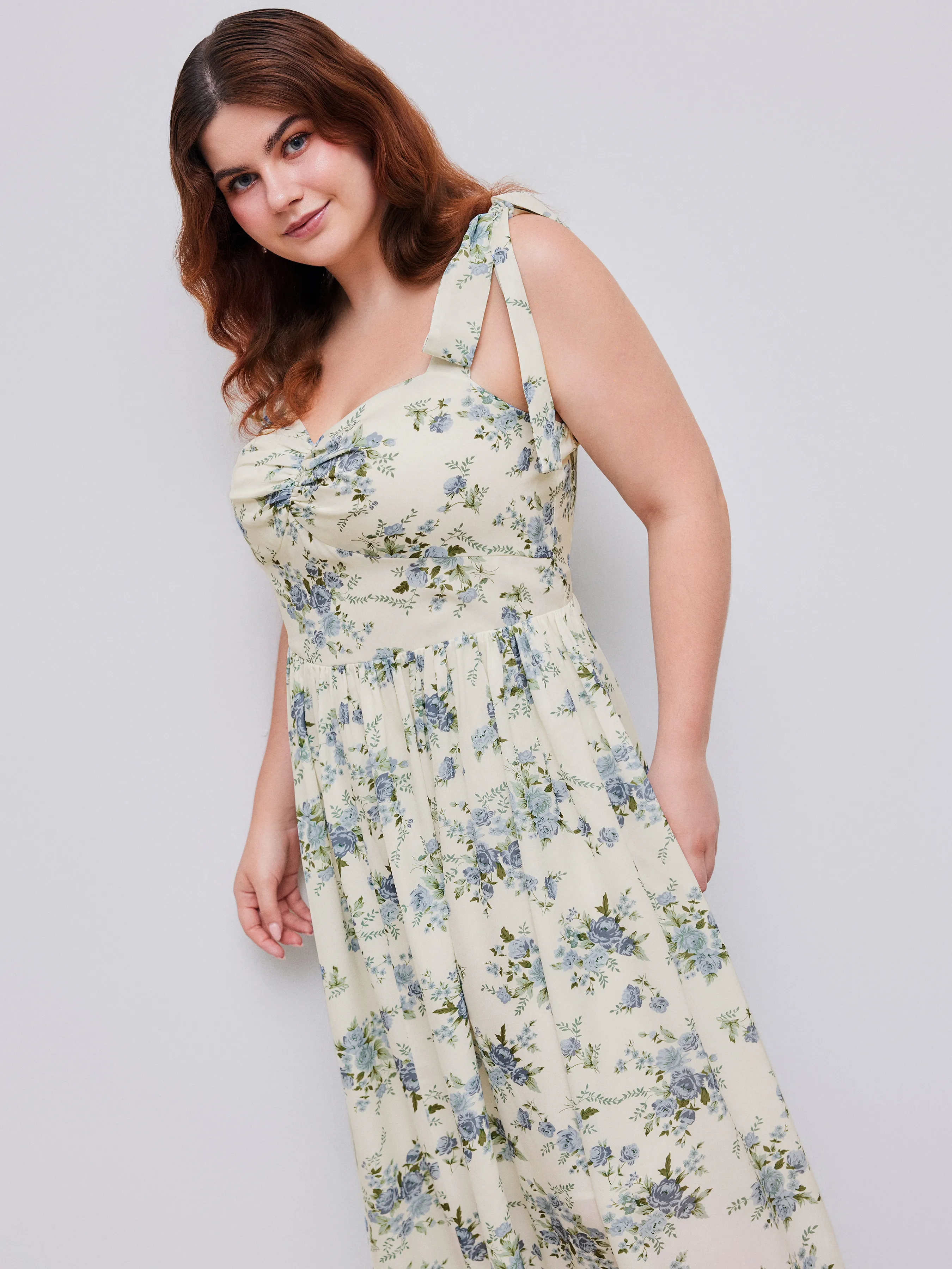 Vestido Midi Tejido con Nudo y Volante en el Dobladillo de Flores para Curvy